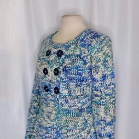Anthropologie SLEEPING ON SNOW Blue Marled Double Breasted Cardigan Sweater Med - Picture 6 of 11